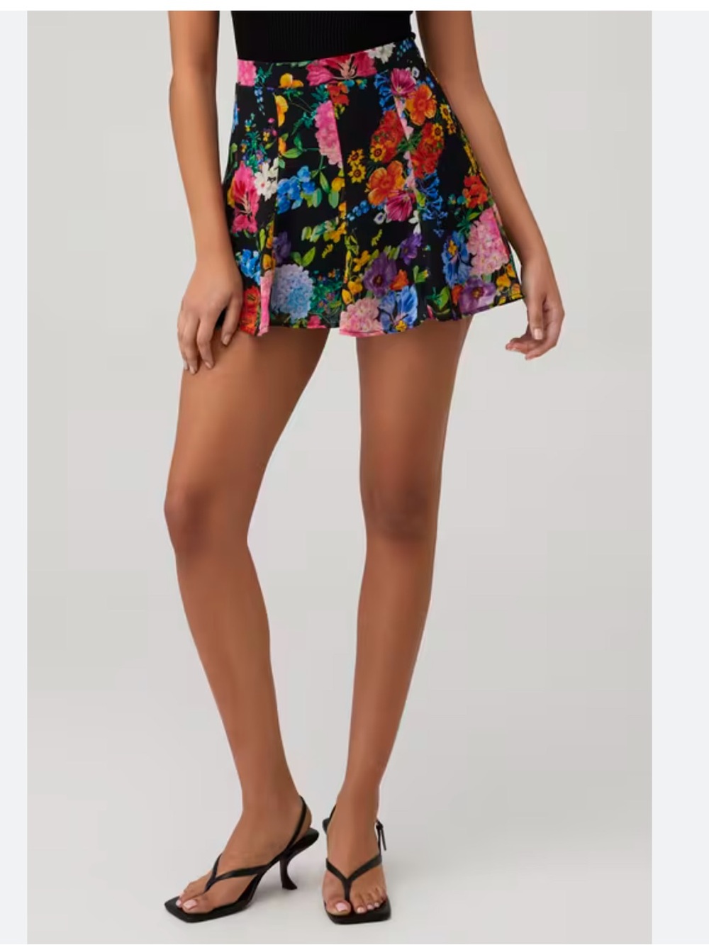 Floral A-Line Mini Skirt - Black with Multicolor Flowers